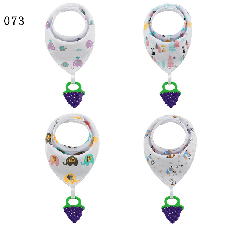 Baby drool bib with hanging silicone teether, pure cotton (>95%), for ages 0–3, waterproof and dirtproof, multiple patterns