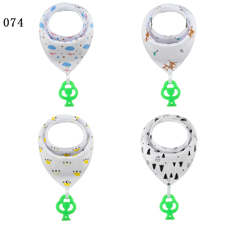 Baby drool bib with hanging silicone teether, pure cotton (>95%), for ages 0–3, waterproof and dirtproof, multiple patterns
