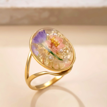 Inel cu rășină epoxidică și floare veșnică, oțel inoxidabil, design geometric, accesoriu pentru femei, electroplatinare, stil palat, vintage artistic