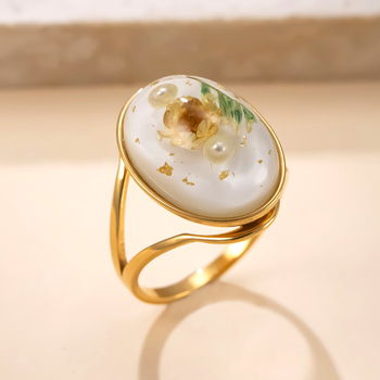 Inel cu rășină epoxidică și floare veșnică, oțel inoxidabil, design geometric, accesoriu pentru femei, electroplatinare, stil palat, vintage artistic