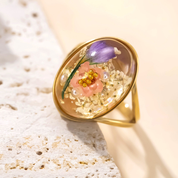 Inel cu rășină epoxidică și floare veșnică, oțel inoxidabil, design geometric, accesoriu pentru femei, electroplatinare, stil palat, vintage artistic