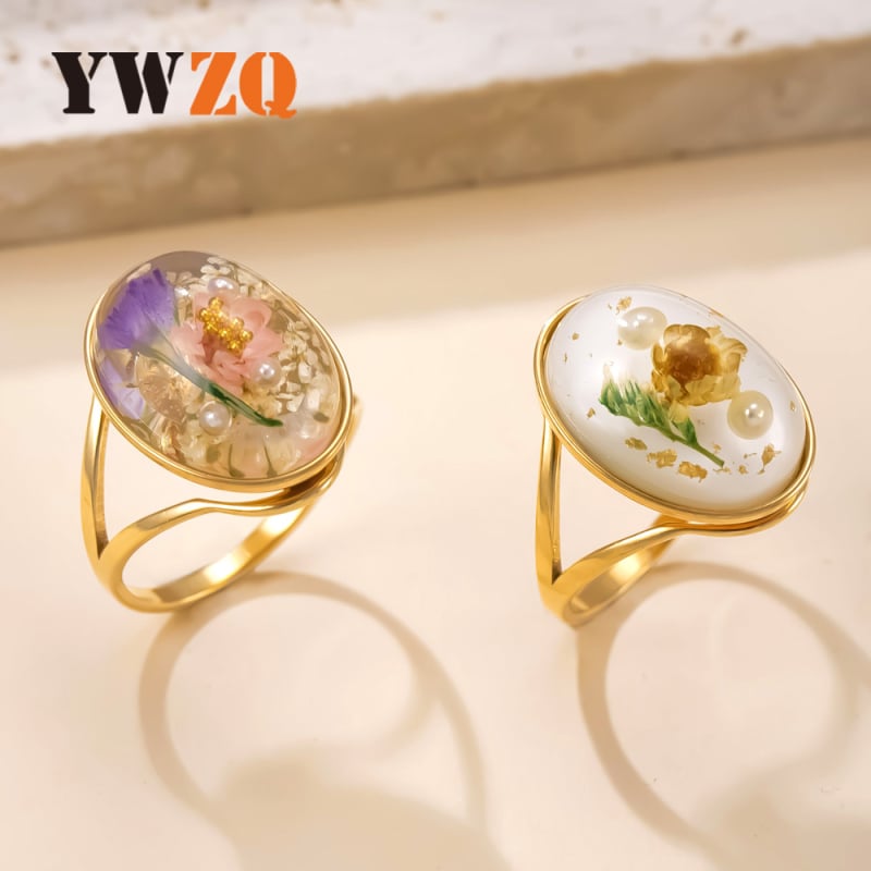 Inel cu rășină epoxidică și floare veșnică, oțel inoxidabil, design geometric, accesoriu pentru femei, electroplatinare, stil palat, vintage artistic