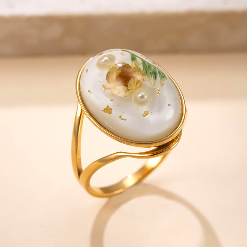 Inel cu rășină epoxidică și floare veșnică, oțel inoxidabil, design geometric, accesoriu pentru femei, electroplatinare, stil palat, vintage artistic