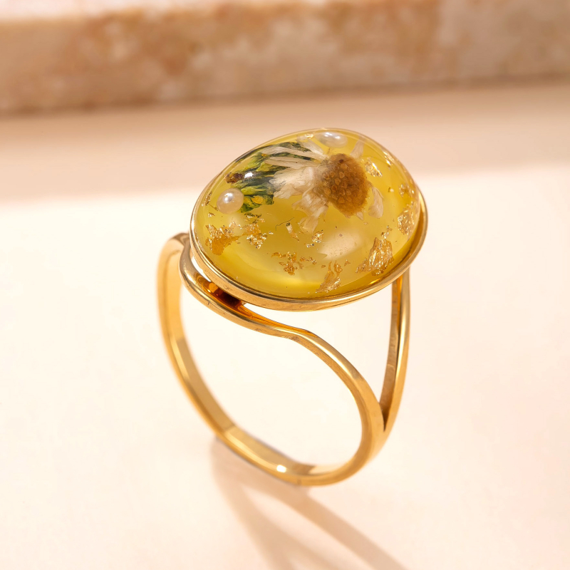 Inel cu rășină epoxidică și floare veșnică, oțel inoxidabil, design geometric, accesoriu pentru femei, electroplatinare, stil palat, vintage artistic