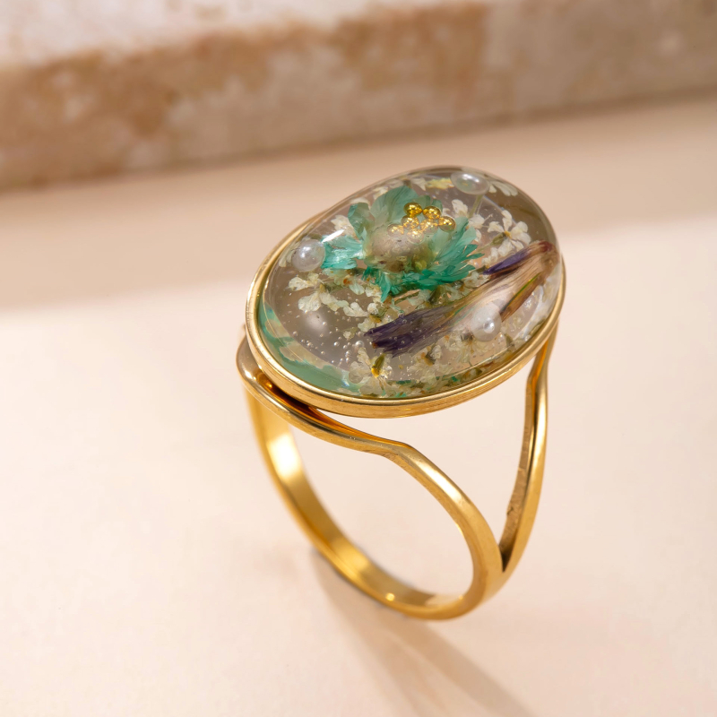 Inel cu rășină epoxidică și floare veșnică, oțel inoxidabil, design geometric, accesoriu pentru femei, electroplatinare, stil palat, vintage artistic