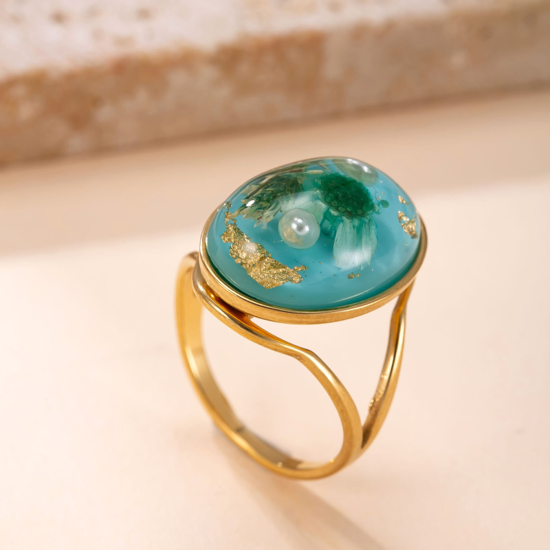 Inel cu rășină epoxidică și floare veșnică, oțel inoxidabil, design geometric, accesoriu pentru femei, electroplatinare, stil palat, vintage artistic