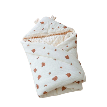 Pătură de înfășat pentru bebeluși cu glugă, țesătură gauze velour, umplutură din down cotton, model Cartoon, confort de toamnă pentru sugari 1–3 ani