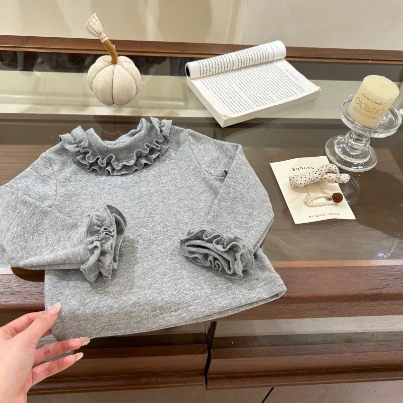 Tricou pentru copii cu mânece lungi din bumbac plușat, stil coreean, guler rotund, păstrează căldura, pentru copii 3–8 ani