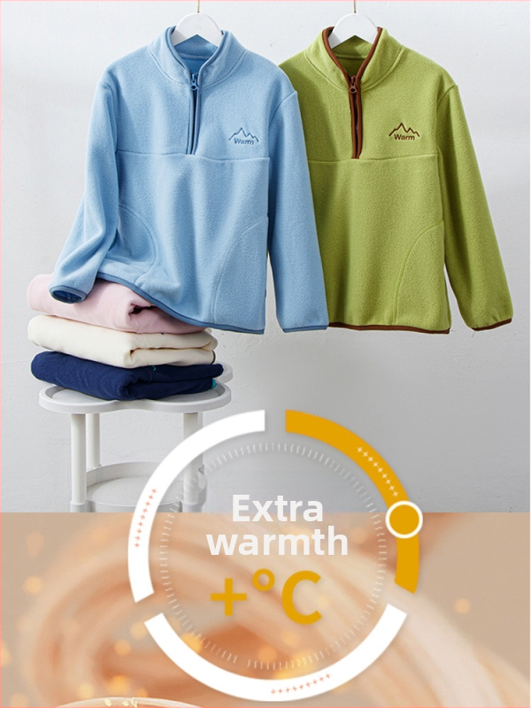 Vaikų polar fleece džemperis, unisex, ilgos rankovės, be gobtuvo, 100% poliesterio flisas, švelnus paviršius, rudens–žiemos 2025, amžius 8+