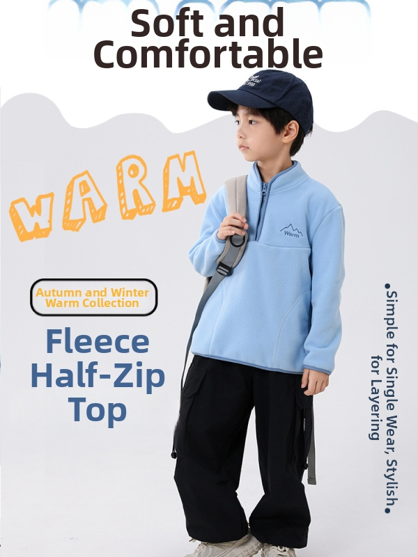 Vaikų polar fleece džemperis, unisex, ilgos rankovės, be gobtuvo, 100% poliesterio flisas, švelnus paviršius, rudens–žiemos 2025, amžius 8+