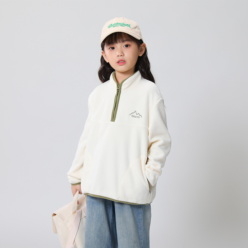 Vaikų polar fleece džemperis, unisex, ilgos rankovės, be gobtuvo, 100% poliesterio flisas, švelnus paviršius, rudens–žiemos 2025, amžius 8+