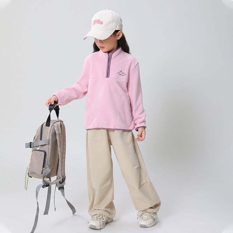 Vaikų polar fleece džemperis, unisex, ilgos rankovės, be gobtuvo, 100% poliesterio flisas, švelnus paviršius, rudens–žiemos 2025, amžius 8+