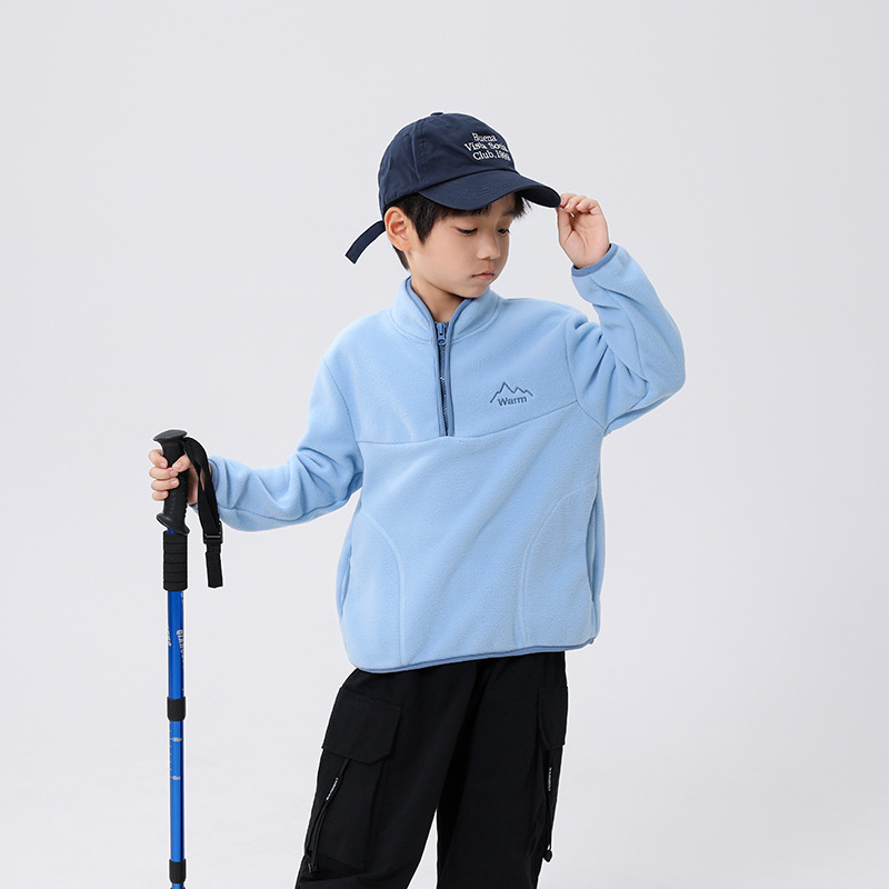 Vaikų polar fleece džemperis, unisex, ilgos rankovės, be gobtuvo, 100% poliesterio flisas, švelnus paviršius, rudens–žiemos 2025, amžius 8+