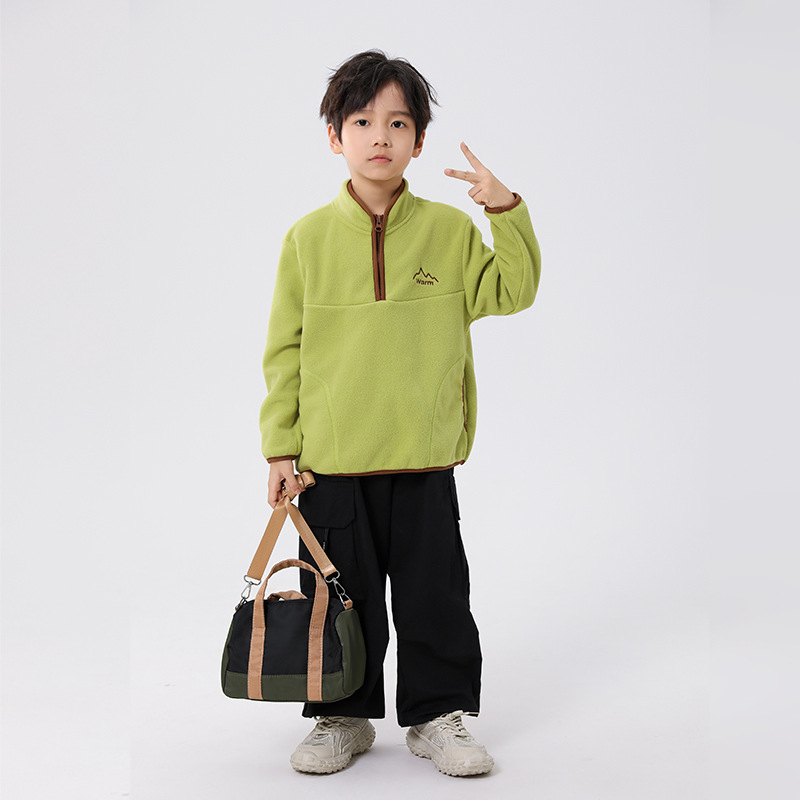 Vaikų polar fleece džemperis, unisex, ilgos rankovės, be gobtuvo, 100% poliesterio flisas, švelnus paviršius, rudens–žiemos 2025, amžius 8+