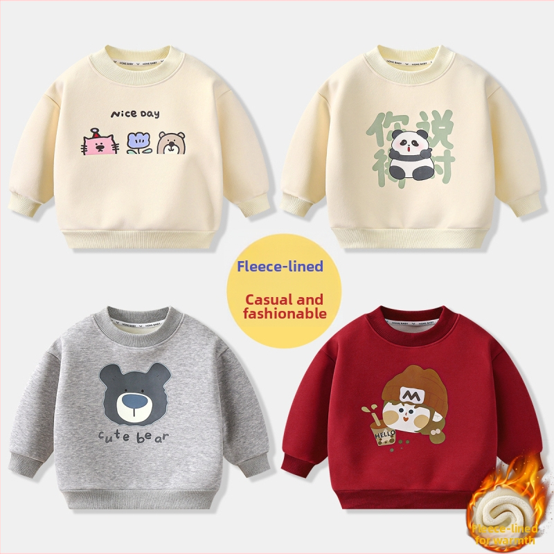 Bērnu flīsa džemperis ar poliestera pildījumu, 63,7% kokvilna, bieza auduma, garas piedurknes, puloveris, bez kapuces, unisex, motīvi: karikatūras/avatar/ziedi, korejiešu stils, 3–8 gadi.