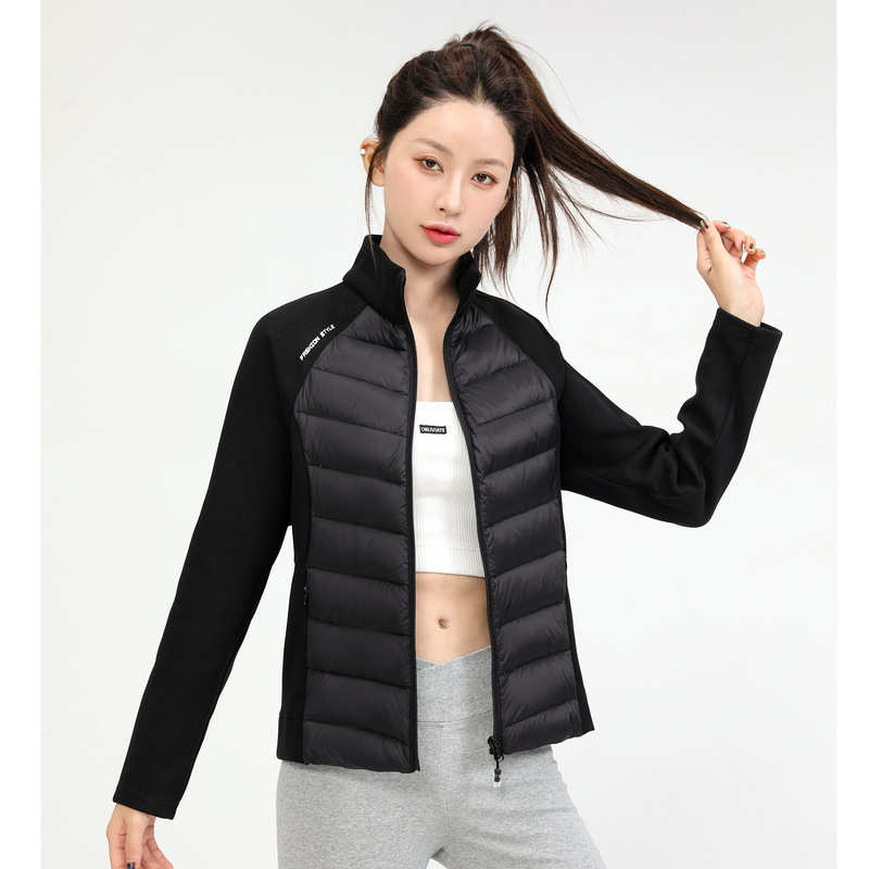 Дамско кашмирено яке с пълнител от гуска пух 101–200 г, свободен силует, цип отпред, кръгла яка, къс модел, зима 2024