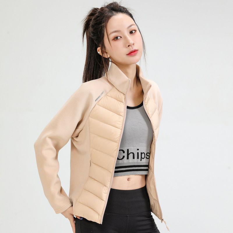 Дамско кашмирено яке с пълнител от гуска пух 101–200 г, свободен силует, цип отпред, кръгла яка, къс модел, зима 2024