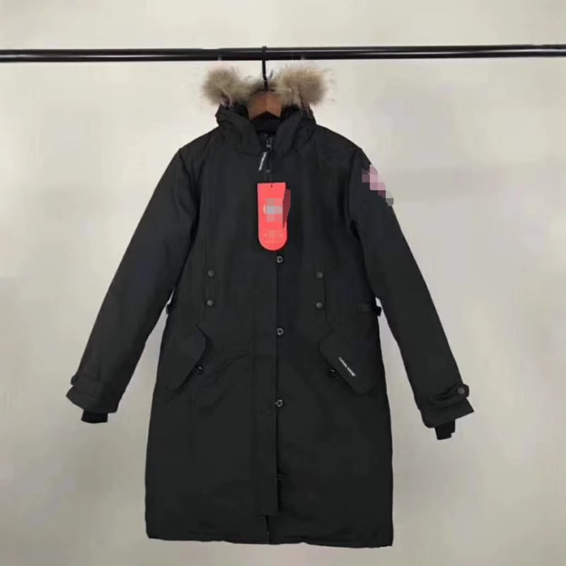 Дамско пухено яке с изолация от бял патицов пух, кашмир 76–80%, дебело, със яка от косъм на енот, средна дължина