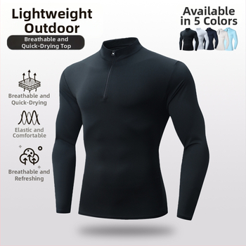 Tricou sport slim-fit pentru bărbați, mâneci lungi, guler în stil stand-up, uscare rapidă, respirabil, 90% poliester / 10% spandex, lungime peste șolduri