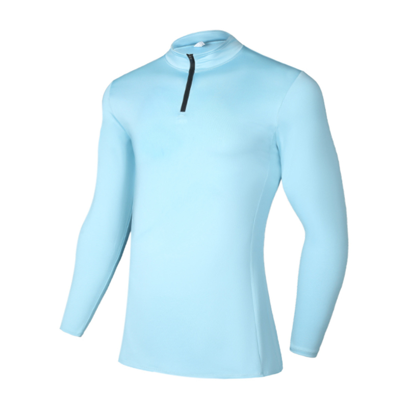 Tricou sport slim-fit pentru bărbați, mâneci lungi, guler în stil stand-up, uscare rapidă, respirabil, 90% poliester / 10% spandex, lungime peste șolduri