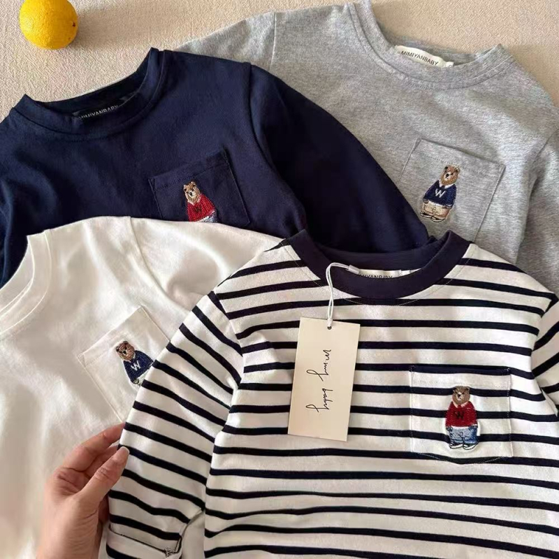 Dječja majica s dugim rukavima s prugama — unisex, 95% pamuk, mekano završno obrada, odvlaži vlagu, okrugli izrez