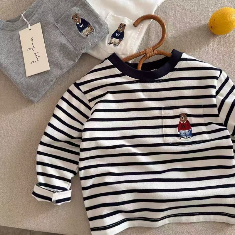 Dječja majica s dugim rukavima s prugama — unisex, 95% pamuk, mekano završno obrada, odvlaži vlagu, okrugli izrez