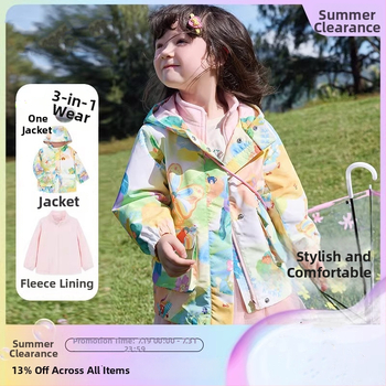 Bērnu ārējā jaka – divdaļīgs komplekts, ūdensnecaurlaidīga līdz 1000 mm, silta ar flīsa iekšpusi, vēja izturīga, kapuce noņemama, neilona audums, Cartoon raksts, vecuma grupai 3–4 gadiem (ūdensnecaurlaidīga līdz 1000 mm, silta ar flīsa iekšpusi, vēja iztur