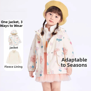 Bērnu ārējā jaka – divdaļīgs komplekts, ūdensnecaurlaidīga līdz 1000 mm, silta ar flīsa iekšpusi, vēja izturīga, kapuce noņemama, neilona audums, Cartoon raksts, vecuma grupai 3–4 gadiem (ūdensnecaurlaidīga līdz 1000 mm, silta ar flīsa iekšpusi, vēja iztur
