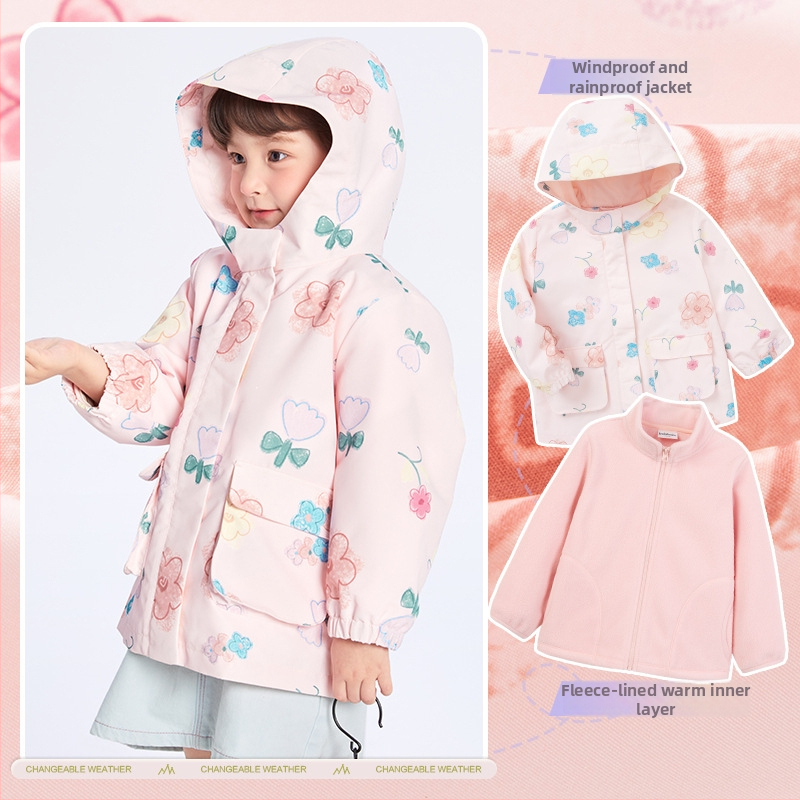 Bērnu ārējā jaka – divdaļīgs komplekts, ūdensnecaurlaidīga līdz 1000 mm, silta ar flīsa iekšpusi, vēja izturīga, kapuce noņemama, neilona audums, Cartoon raksts, vecuma grupai 3–4 gadiem (ūdensnecaurlaidīga līdz 1000 mm, silta ar flīsa iekšpusi, vēja iztur