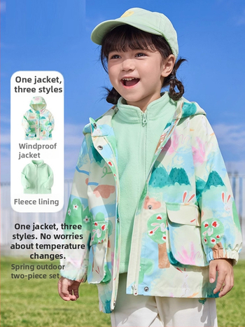 Unisex fleece divu gabalu komplekts ar kapuci – kamuflāžas raksts, poliestera audums un pilda, bērniem vecumā 3–8 gadiem, saglabā siltumu un pasargā no vēja