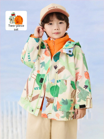 Unisex fleece divu gabalu komplekts ar kapuci – kamuflāžas raksts, poliestera audums un pilda, bērniem vecumā 3–8 gadiem, saglabā siltumu un pasargā no vēja