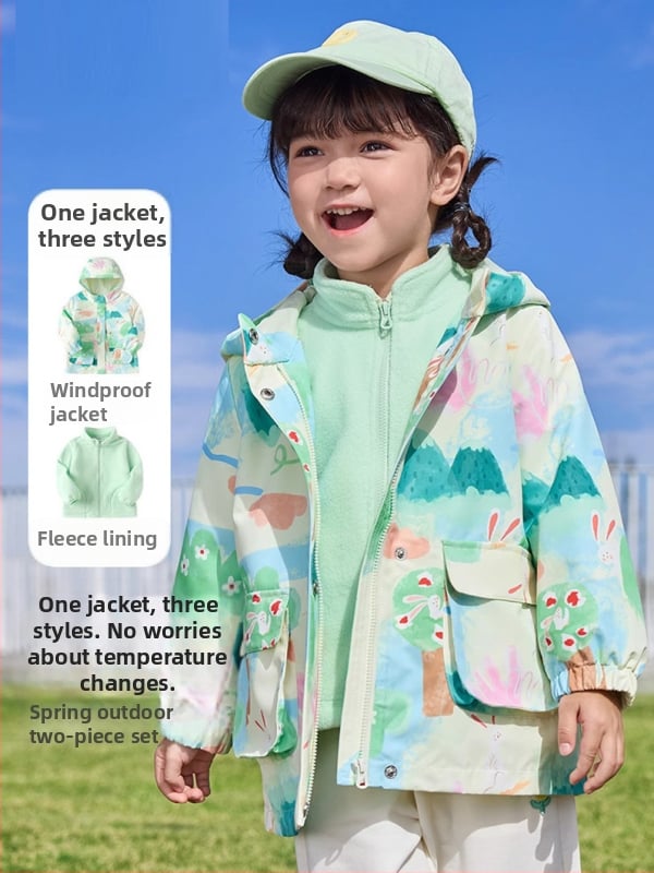 Unisex fleece divu gabalu komplekts ar kapuci – kamuflāžas raksts, poliestera audums un pilda, bērniem vecumā 3–8 gadiem, saglabā siltumu un pasargā no vēja