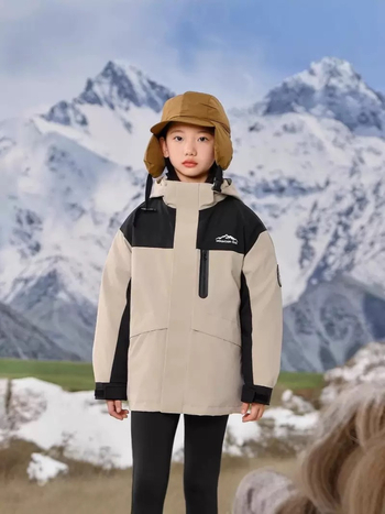 Bērnu trīs vienā jaka ar noņemamu pūka pildījumu iekšējā odere, kapuci, ziemas kalnu pārgājieniem