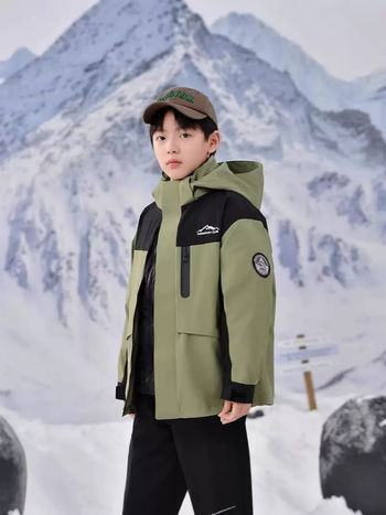 Bērnu trīs vienā jaka ar noņemamu pūka pildījumu iekšējā odere, kapuci, ziemas kalnu pārgājieniem