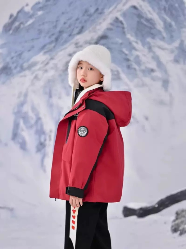 Bērnu trīs vienā jaka ar noņemamu pūka pildījumu iekšējā odere, kapuci, ziemas kalnu pārgājieniem