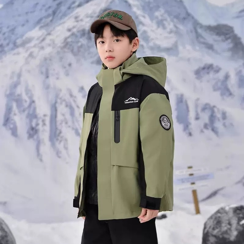 Bērnu trīs vienā jaka ar noņemamu pūka pildījumu iekšējā odere, kapuci, ziemas kalnu pārgājieniem