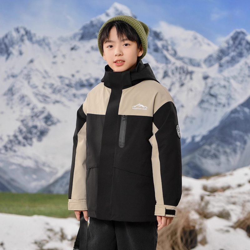 Bērnu trīs vienā jaka ar noņemamu pūka pildījumu iekšējā odere, kapuci, ziemas kalnu pārgājieniem