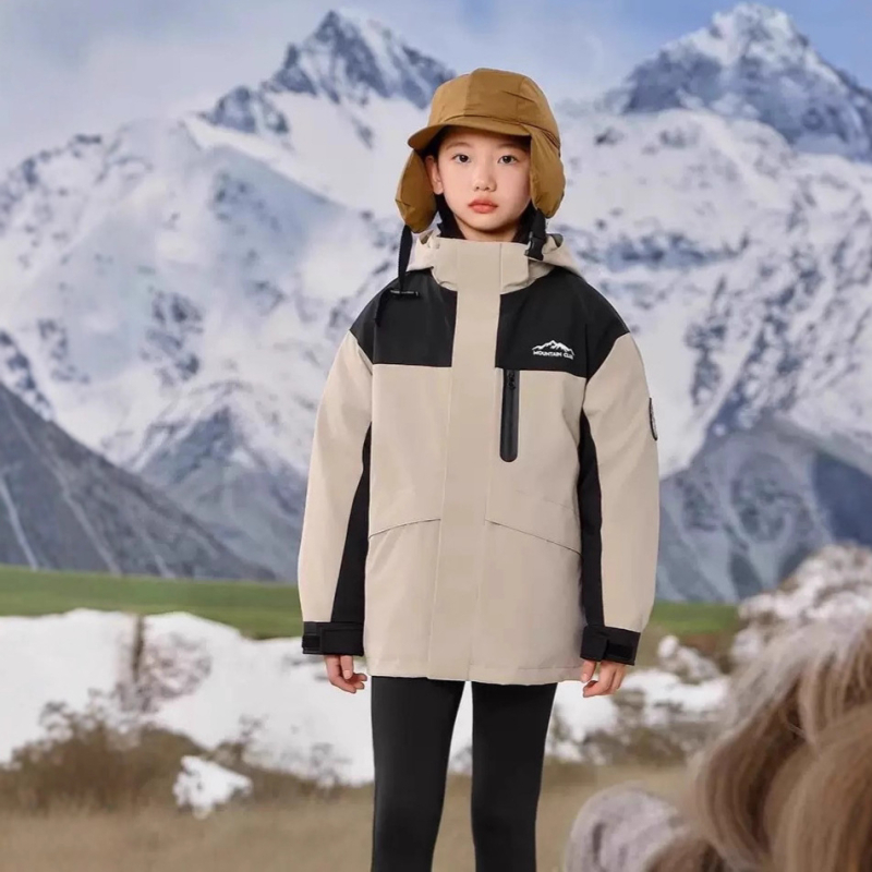 Bērnu trīs vienā jaka ar noņemamu pūka pildījumu iekšējā odere, kapuci, ziemas kalnu pārgājieniem