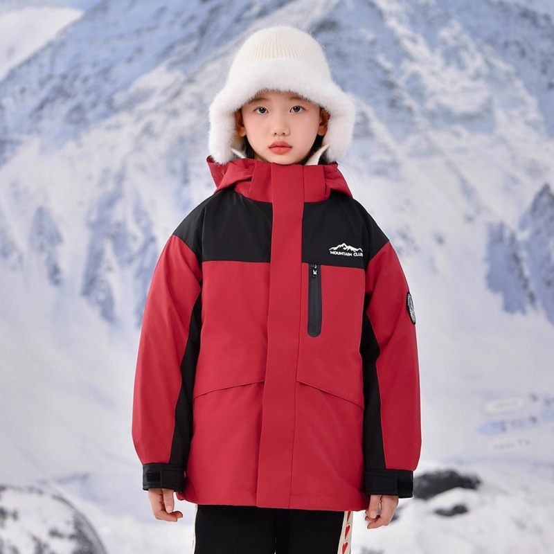 Bērnu trīs vienā jaka ar noņemamu pūka pildījumu iekšējā odere, kapuci, ziemas kalnu pārgājieniem