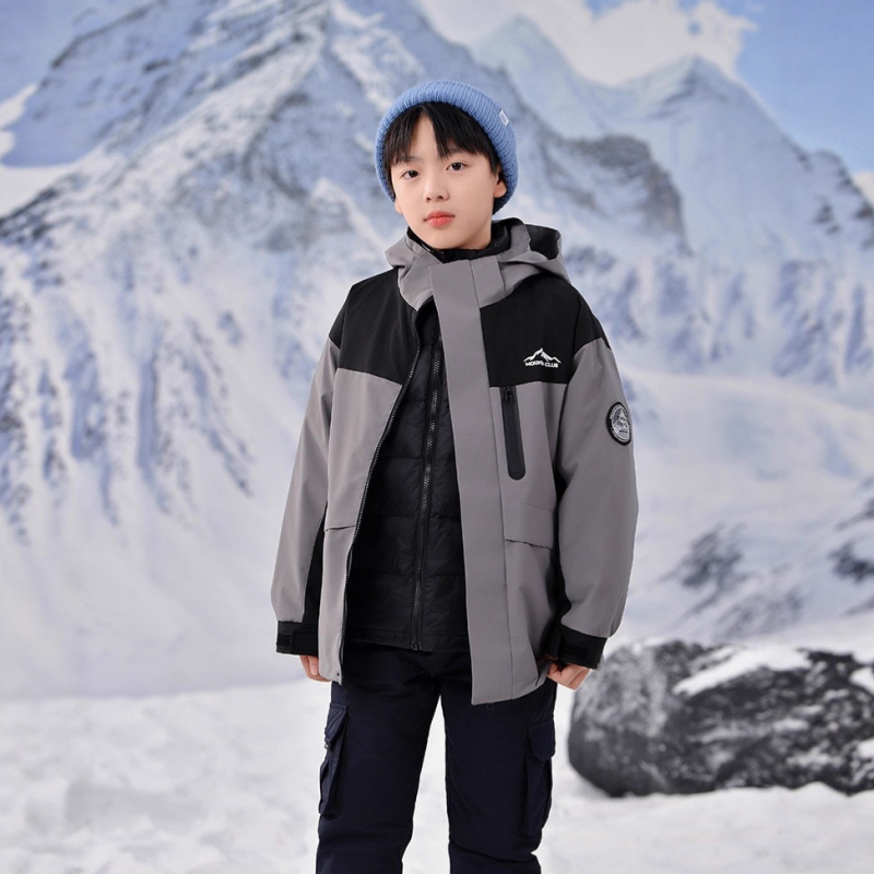 Bērnu trīs vienā jaka ar noņemamu pūka pildījumu iekšējā odere, kapuci, ziemas kalnu pārgājieniem