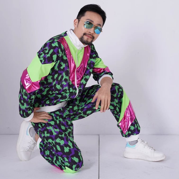 Retro Helovyno scenos kostiumas: striukės-viršutinis su ilgomis rankovėmis ir kelnes, 80-ųjų šokių/aerobikos stilius, pavasaris 2025, audiniai poliesteris ir acetatas