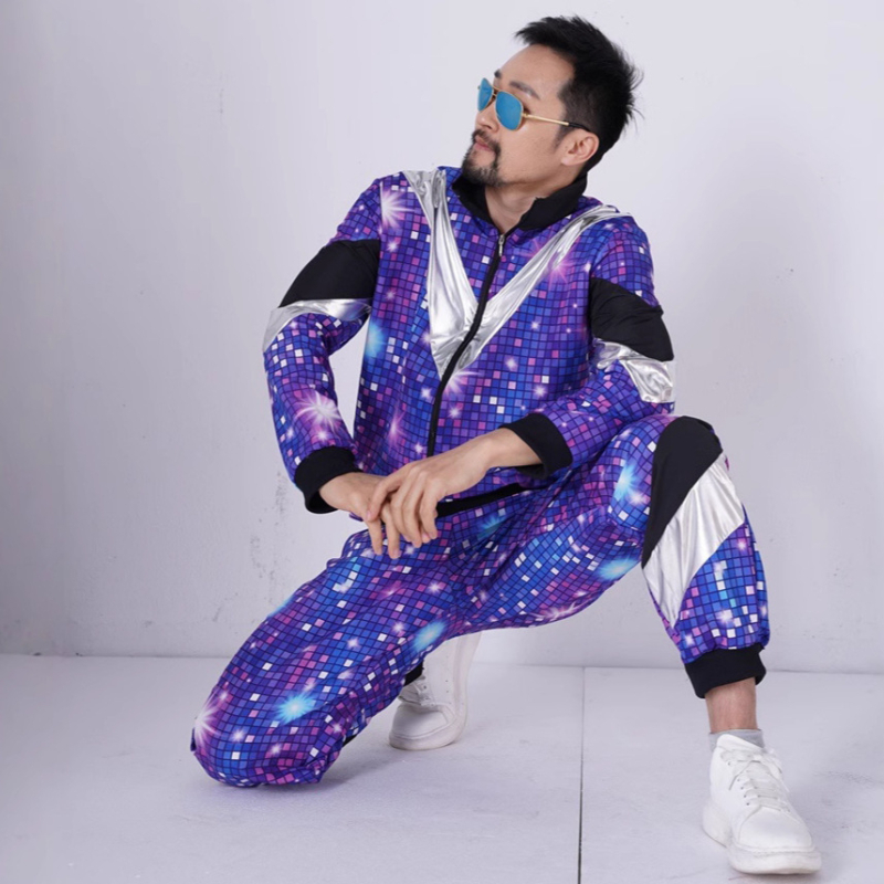 Retro Helovyno scenos kostiumas: striukės-viršutinis su ilgomis rankovėmis ir kelnes, 80-ųjų šokių/aerobikos stilius, pavasaris 2025, audiniai poliesteris ir acetatas