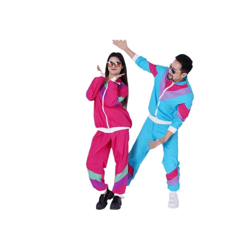Retro Helovyno scenos kostiumas: striukės-viršutinis su ilgomis rankovėmis ir kelnes, 80-ųjų šokių/aerobikos stilius, pavasaris 2025, audiniai poliesteris ir acetatas