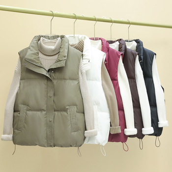 Sieviešu Down Cotton PU veste ar stāvošu apkakli, rāvējslēdzējs priekšā, šaurs piegriezums, bieza pildījuma