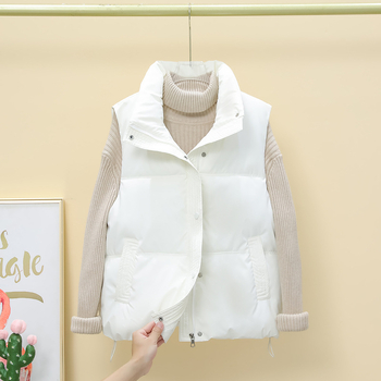 Sieviešu Down Cotton PU veste ar stāvošu apkakli, rāvējslēdzējs priekšā, šaurs piegriezums, bieza pildījuma