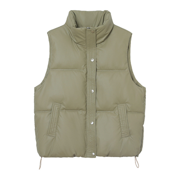 Sieviešu Down Cotton PU veste ar stāvošu apkakli, rāvējslēdzējs priekšā, šaurs piegriezums, bieza pildījuma