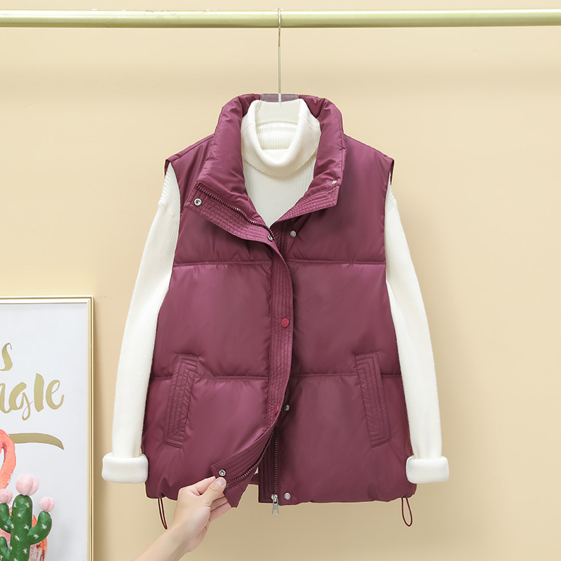 Sieviešu Down Cotton PU veste ar stāvošu apkakli, rāvējslēdzējs priekšā, šaurs piegriezums, bieza pildījuma