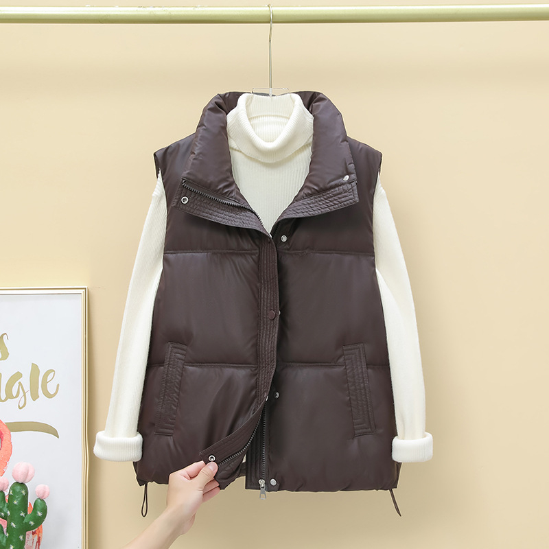 Sieviešu Down Cotton PU veste ar stāvošu apkakli, rāvējslēdzējs priekšā, šaurs piegriezums, bieza pildījuma