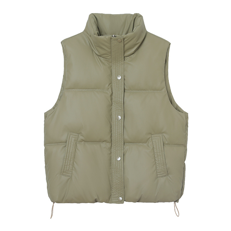 Sieviešu Down Cotton PU veste ar stāvošu apkakli, rāvējslēdzējs priekšā, šaurs piegriezums, bieza pildījuma