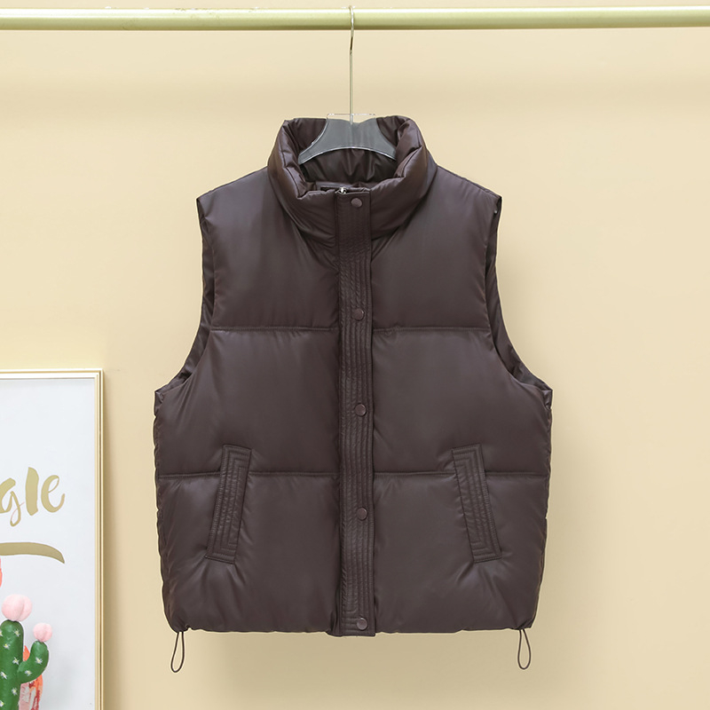 Sieviešu Down Cotton PU veste ar stāvošu apkakli, rāvējslēdzējs priekšā, šaurs piegriezums, bieza pildījuma